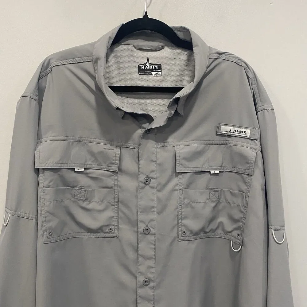 Habit Mens 2XL Gray Vented Outdoor UPF 40+ Long Sleeve Button-Up Fishing Shirt - Picture 13 of 16